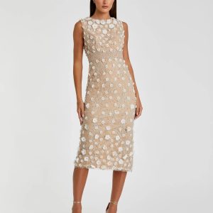 Nude Floral Applique Sleeveless Midi Dress
