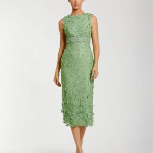 Green Floral Applique Sleeveless Midi Dress