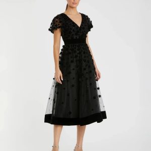 Black Embellished Butterfly Sleeve Velvet Hem Midi Dress