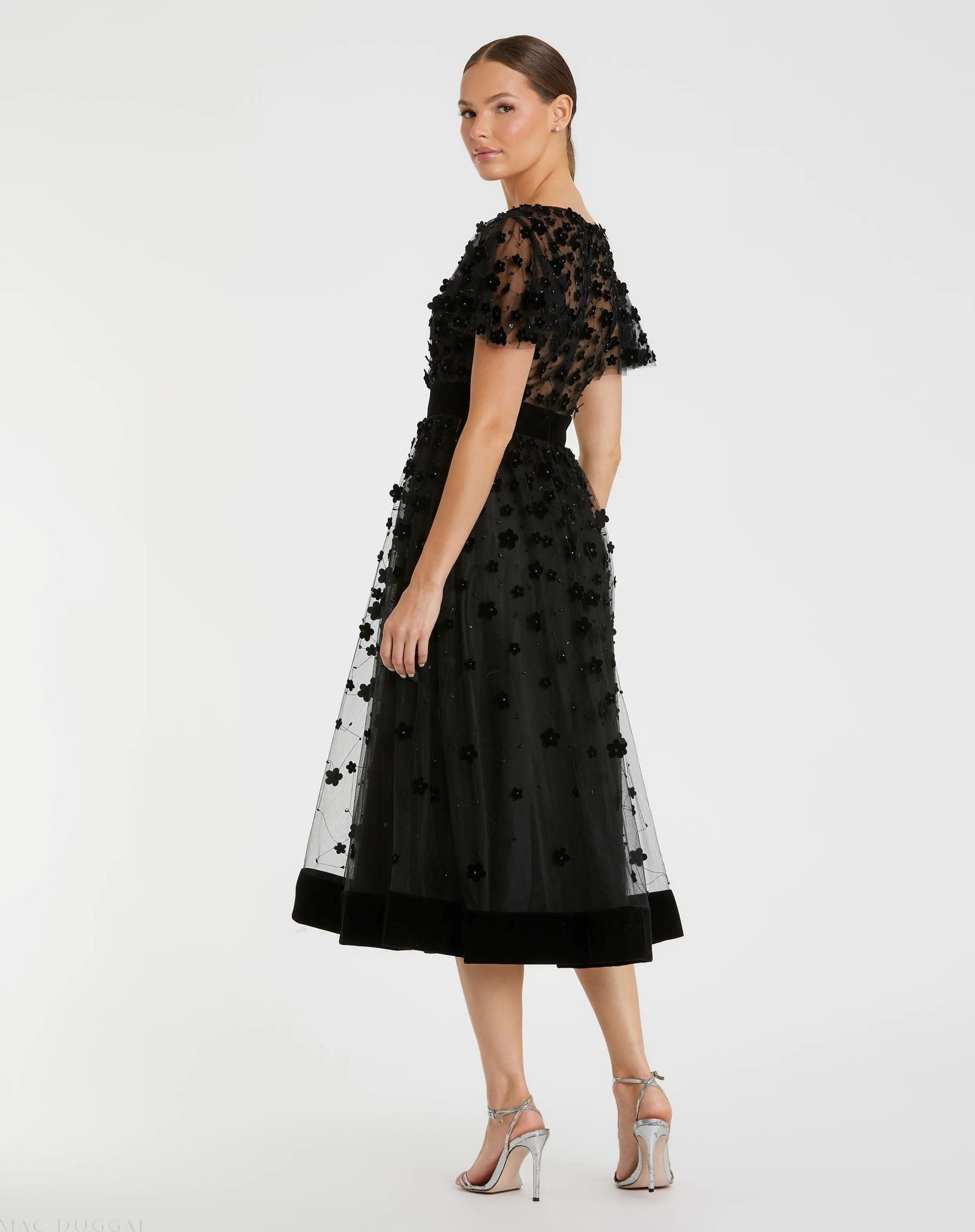 Black Embellished Butterfly Sleeve Velvet Hem Midi Dress - Image 3
