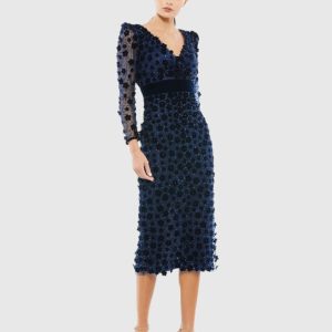 Embellished V Neck Illusion Long Sleeve Column Midi