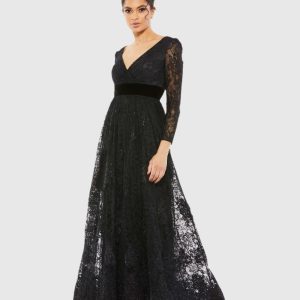 Black Lace Long Sleeve V-Neck Wrap Over Gown