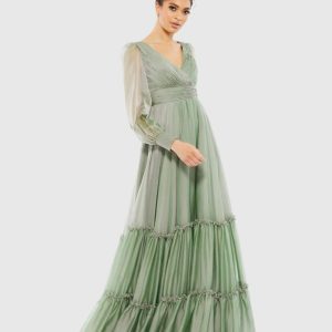 Faux Wrap Illusion Bishop Sleeve Tiered Gown