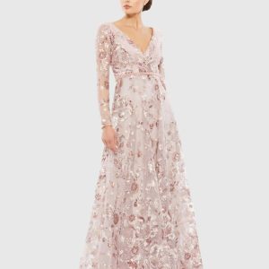 Pink Embellished V Neck Illusion Long Sleeve A Line Gown