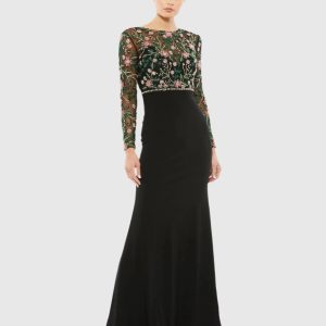 Black Beaded Illusion High Neck Trumpet Gown