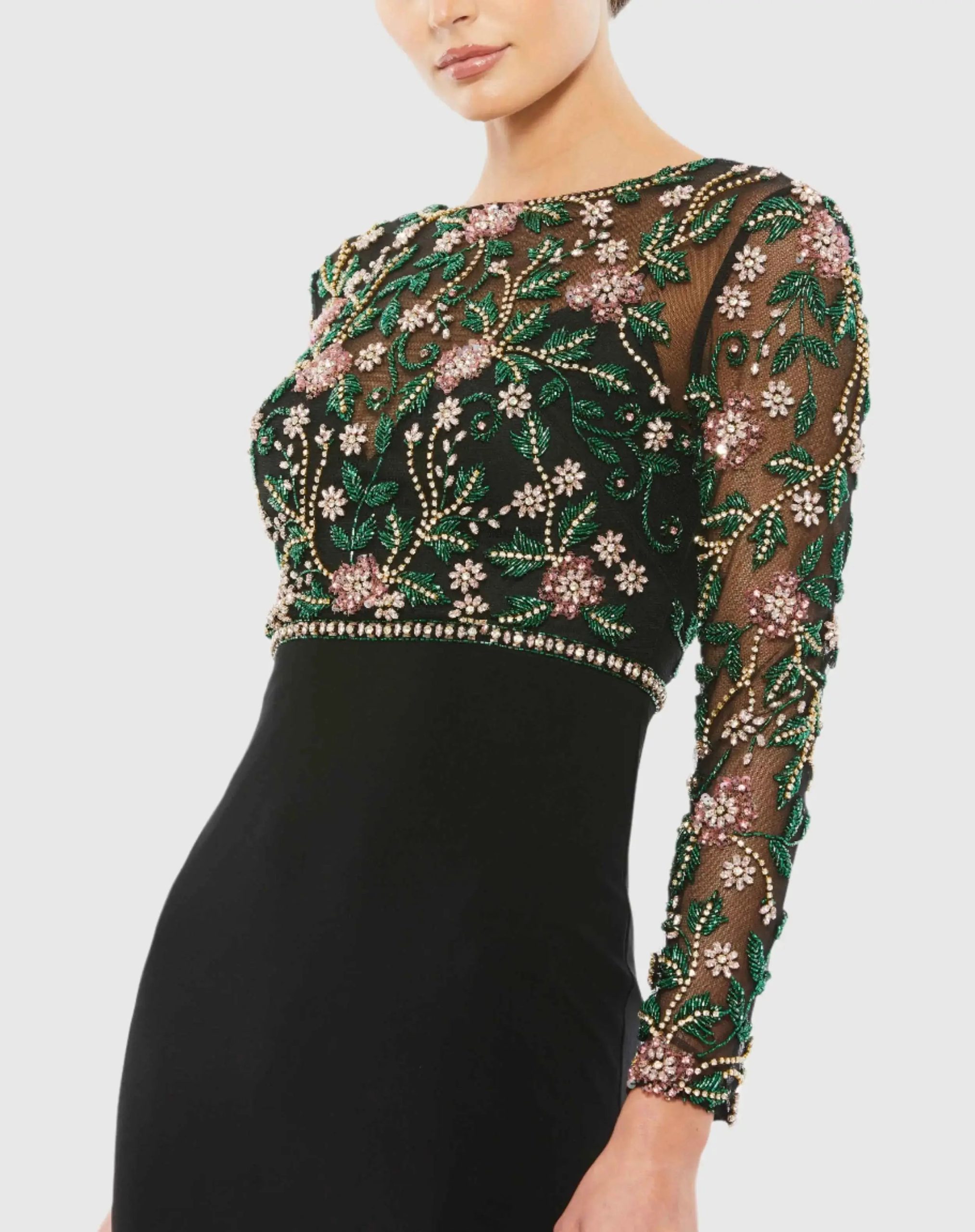 Black Beaded Illusion High Neck Trumpet Gown - Image 2