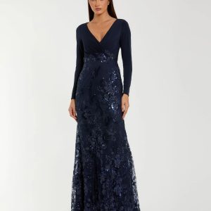 Navy Embellished Long Sleeve Wrap Over Trumpet Gown