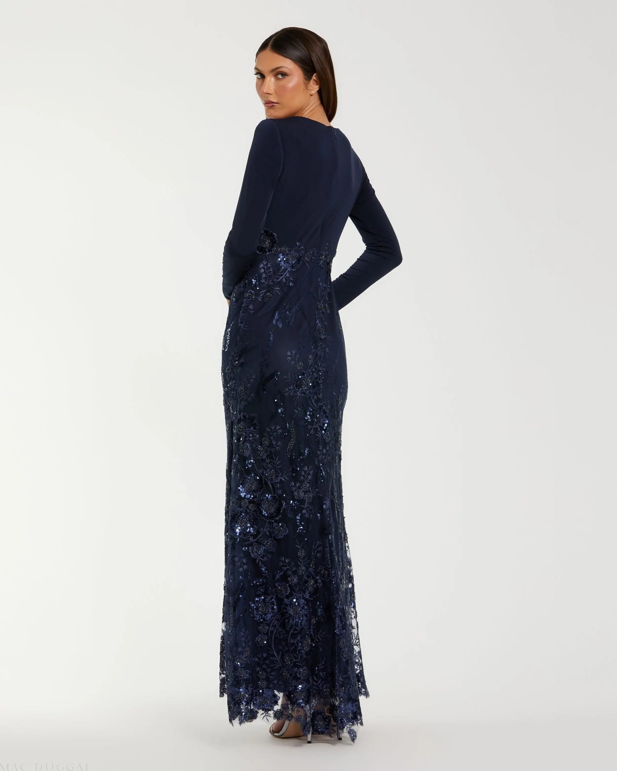 Navy Embellished Long Sleeve Wrap Over Trumpet Gown - Image 3