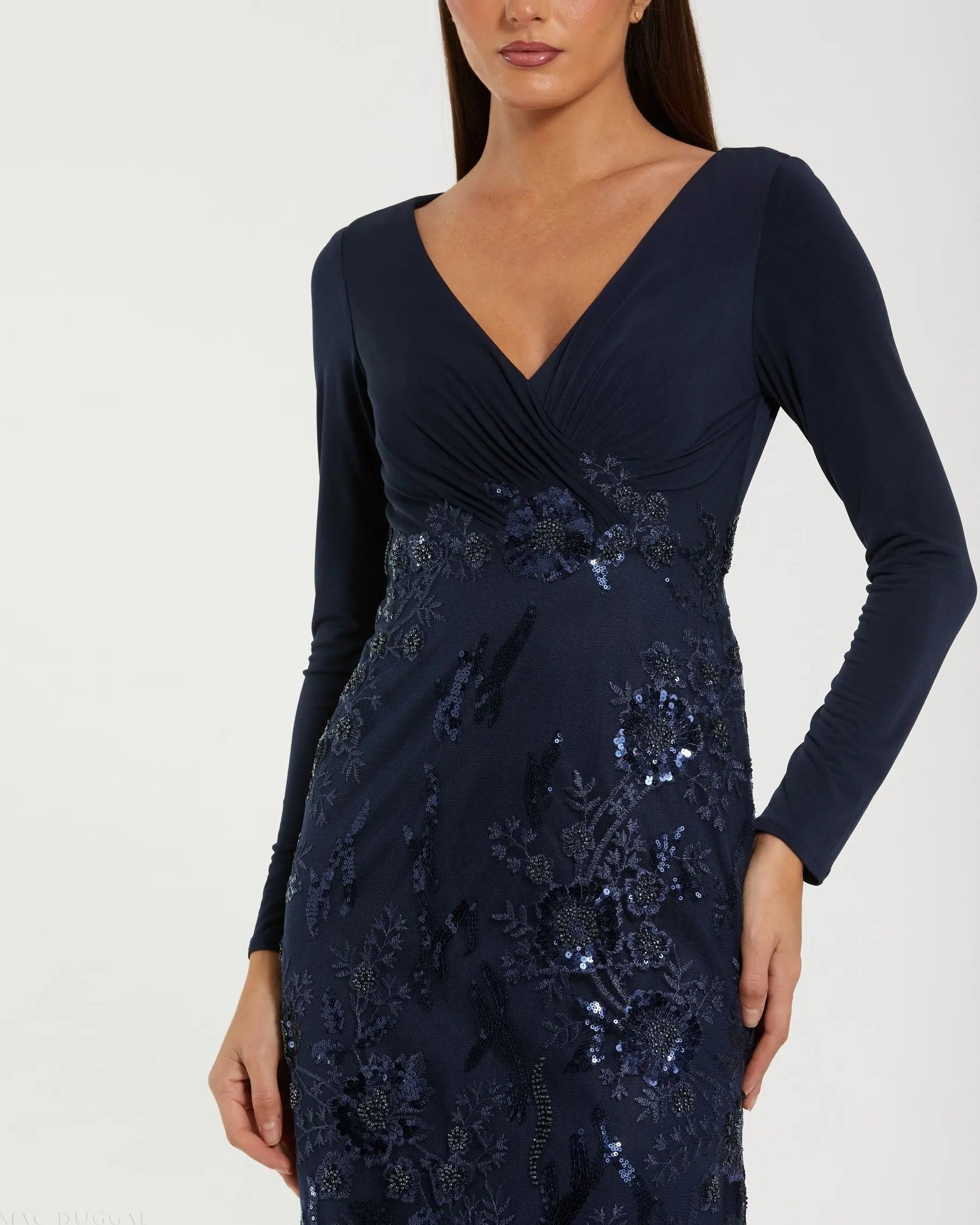 Navy Embellished Long Sleeve Wrap Over Trumpet Gown - Image 2