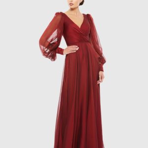 Red Sheer Blouson Sleeve Surplice Gown