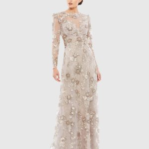 Beige Floral Embroidered Illusion Long Sleeve Evening Gown