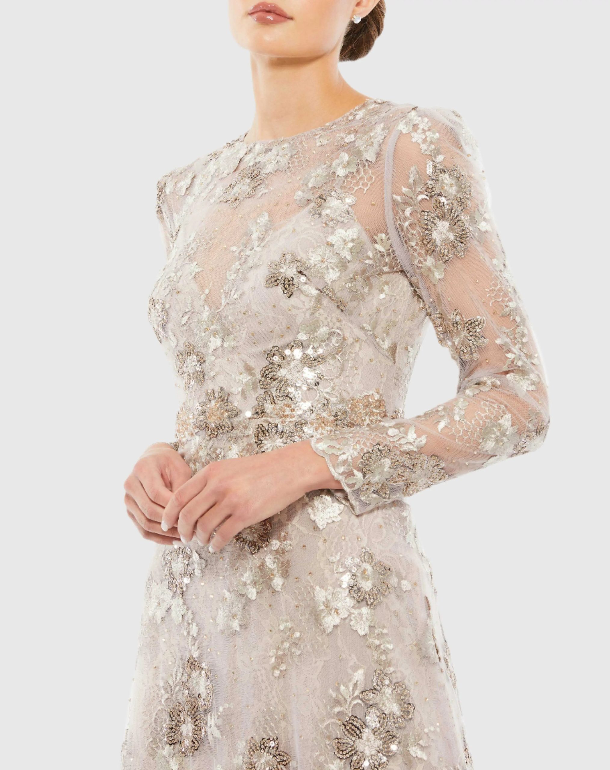 Beige Floral Embroidered Illusion Long Sleeve Evening Gown - Image 2