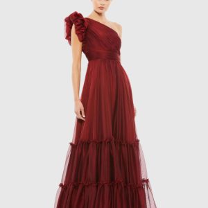Organza One Shoulder Pleated Gown