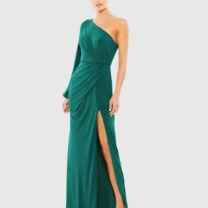 Green One Shoulder Puff Sleeve Faux Wrap Gown
