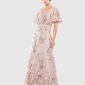 Pink Floral Embellished Short Sleeve Gown