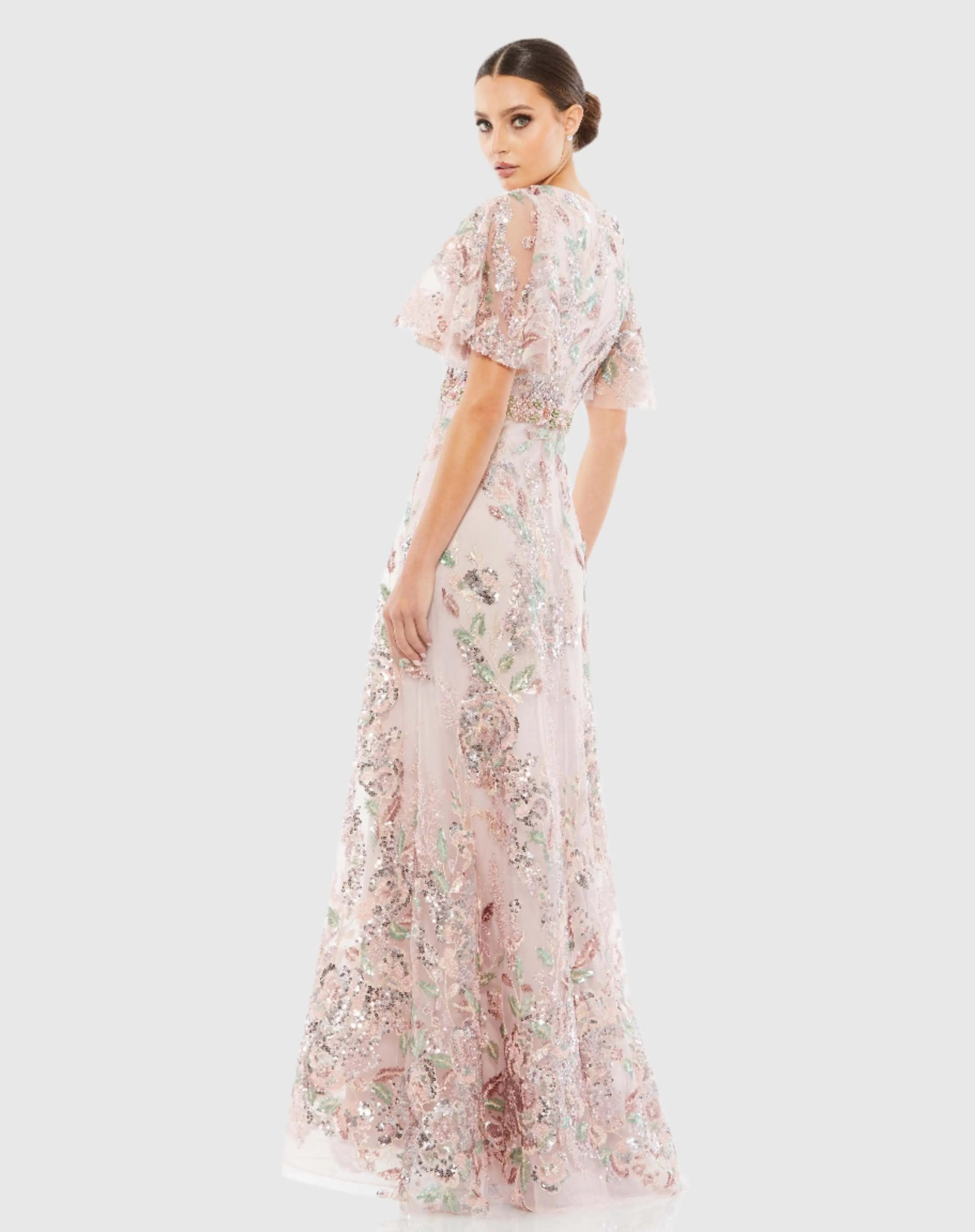 Pink Floral Embellished Short Sleeve Gown - Image 3
