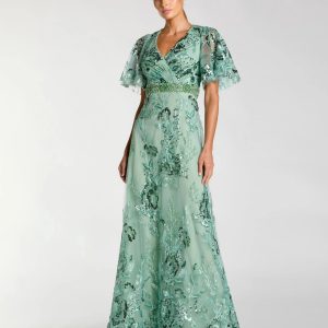 Green Floral Embellished Short Sleeve Gown