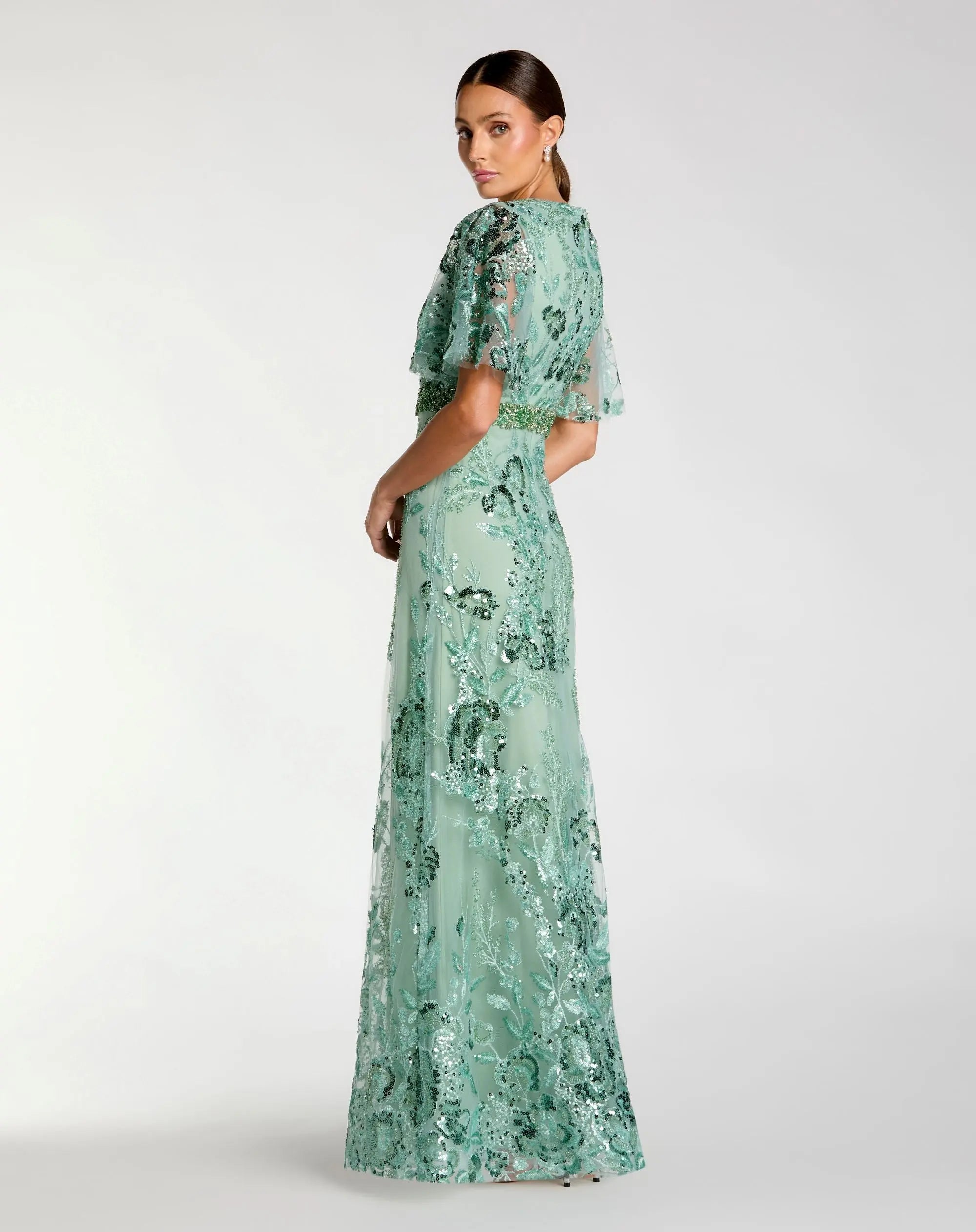 Green Floral Embellished Short Sleeve Gown - Image 3