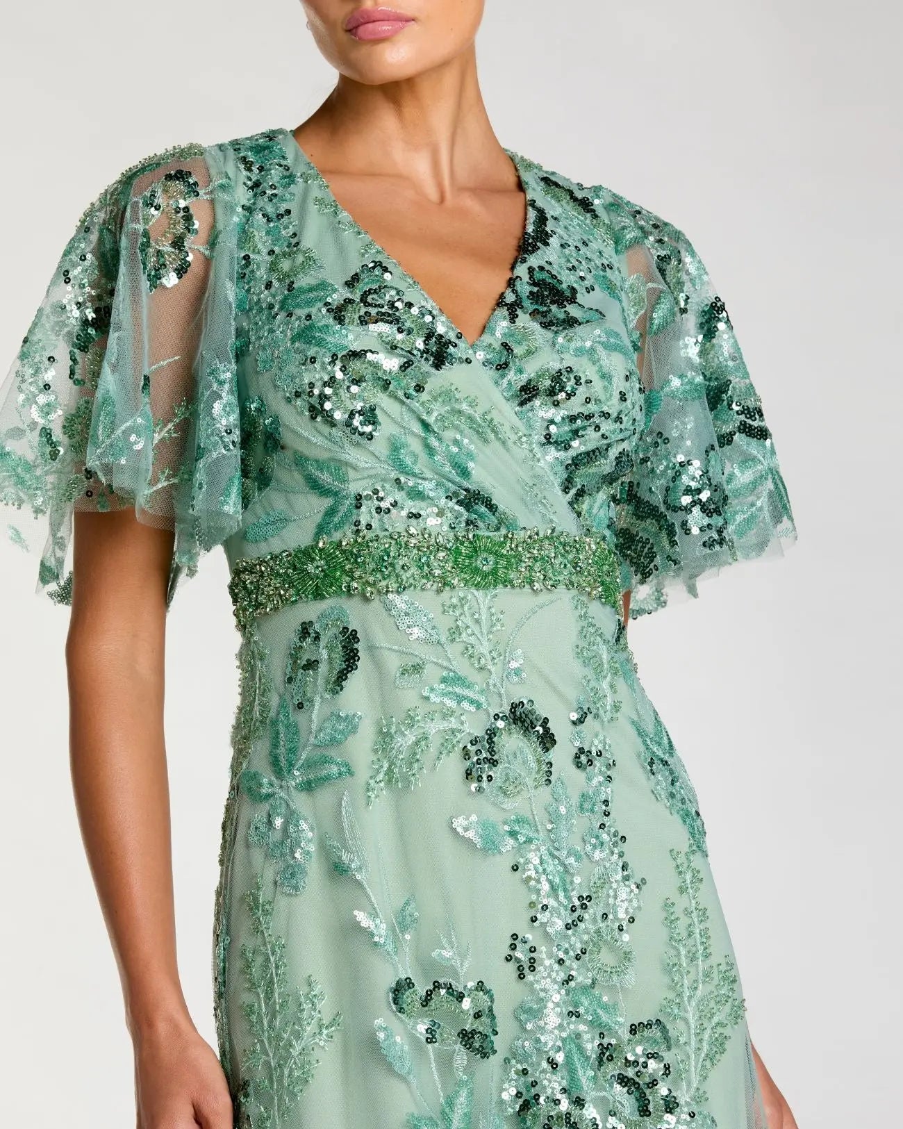 Green Floral Embellished Short Sleeve Gown - Image 2