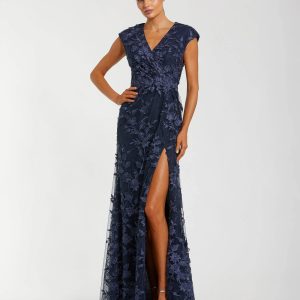 Women's Faux Wrap Embroidered Cap Sleeve Gown
