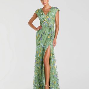Green Faux Wrap Embroidered Cap Sleeve Gown