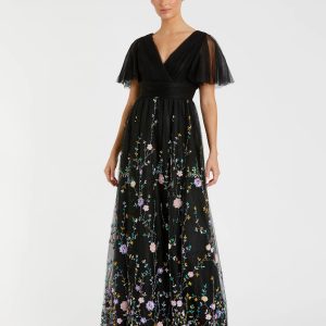 Black Embroidered Butterfly Sleeve Empire Waist Dress