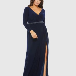 Beaded Belt Jersey Faux Wrap Long Sleeve Gown