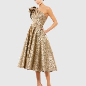 Gold One Shoulder Bow Midi Dress With Pockets