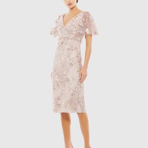 Pink Embellished Illusion Butterfly Sleeve Cocktail Dress