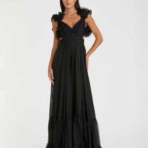 Black Ruffle Tiered Cut-Out Chiffon Gown