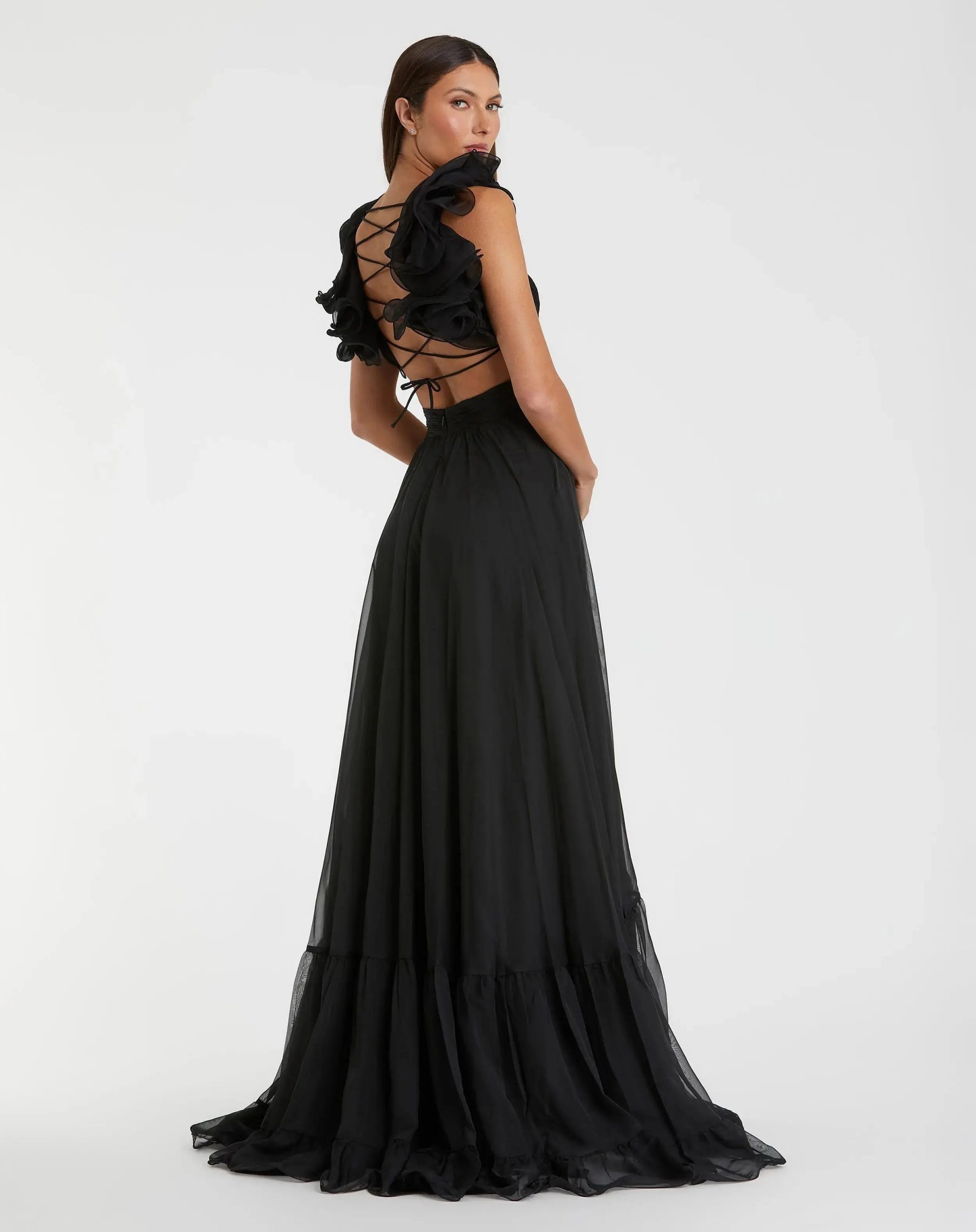 Black Ruffle Tiered Cut-Out Chiffon Gown - Image 3