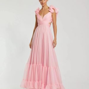 Pink Ruffle Tiered Cut-Out Chiffon Gown