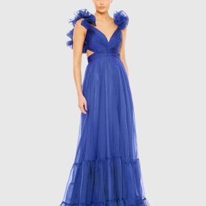 Blue Ruffle Tiered Cut-Out Chiffon Gown - FINAL SALE