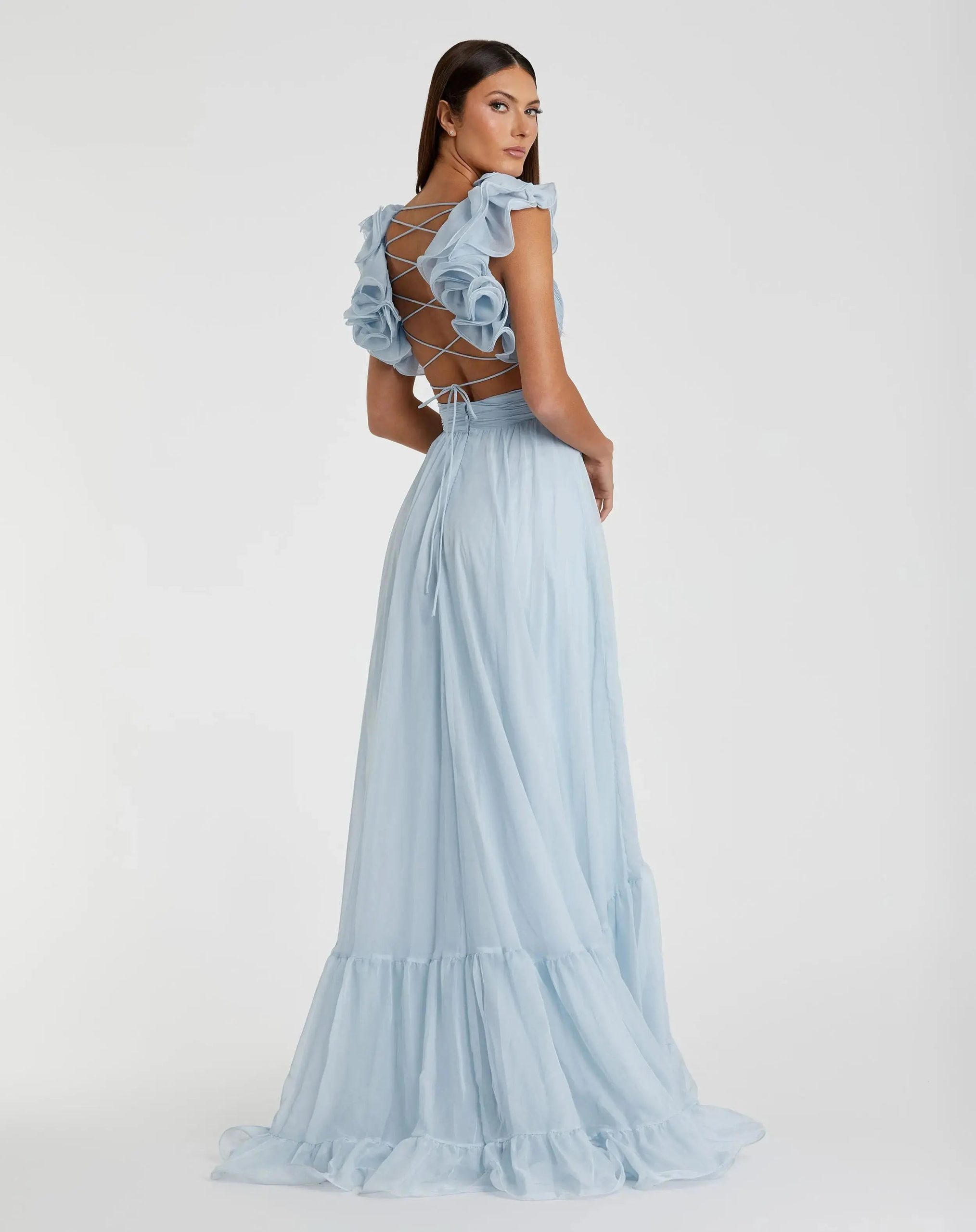 Light Blue Ruffle Tiered Cut-Out Chiffon Gown - Image 3