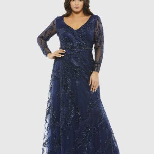 Navy Embellished Illusion Long Sleeve V-Neck A-Line Gown (Plus)