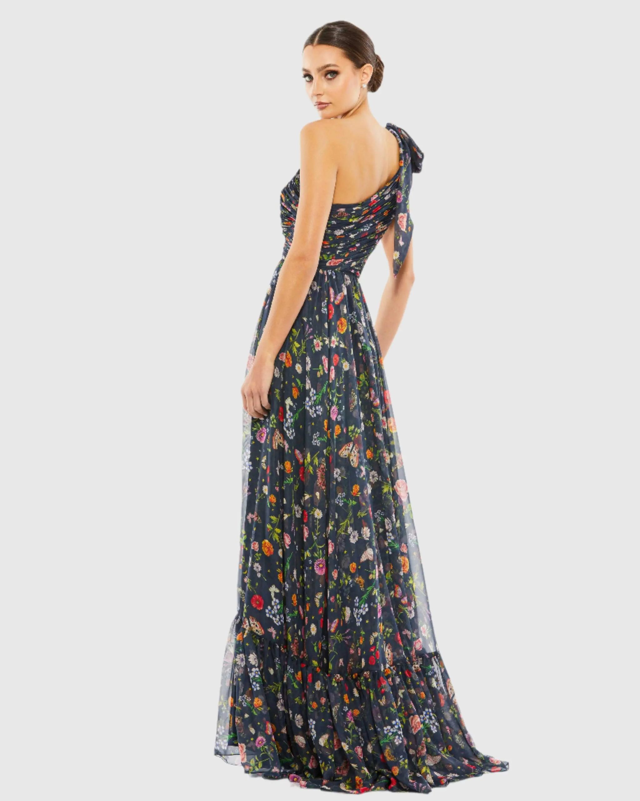 Navy Tied One Shoulder Cut-Out Flowy Gown - Image 3