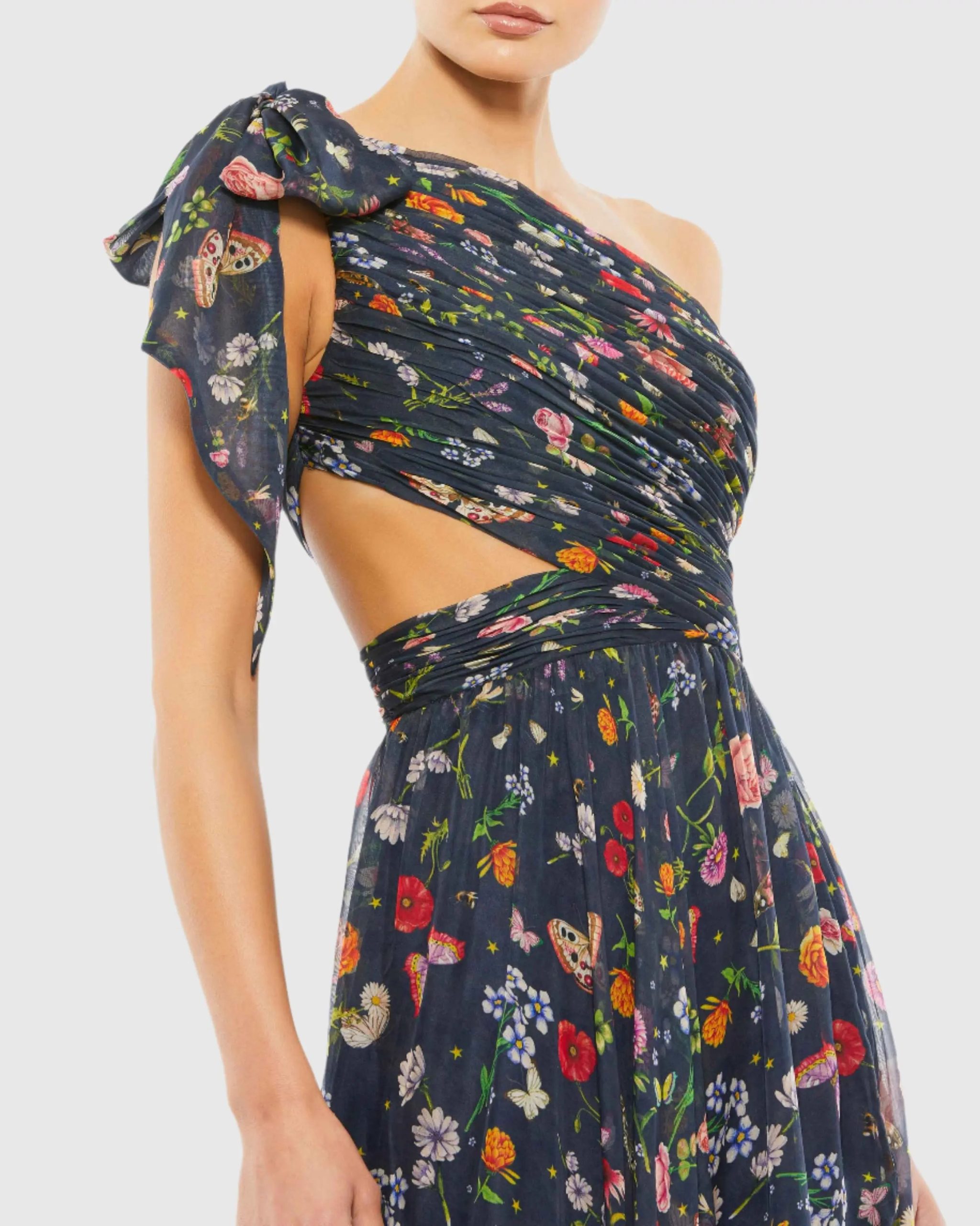 Navy Tied One Shoulder Cut-Out Flowy Gown - Image 2