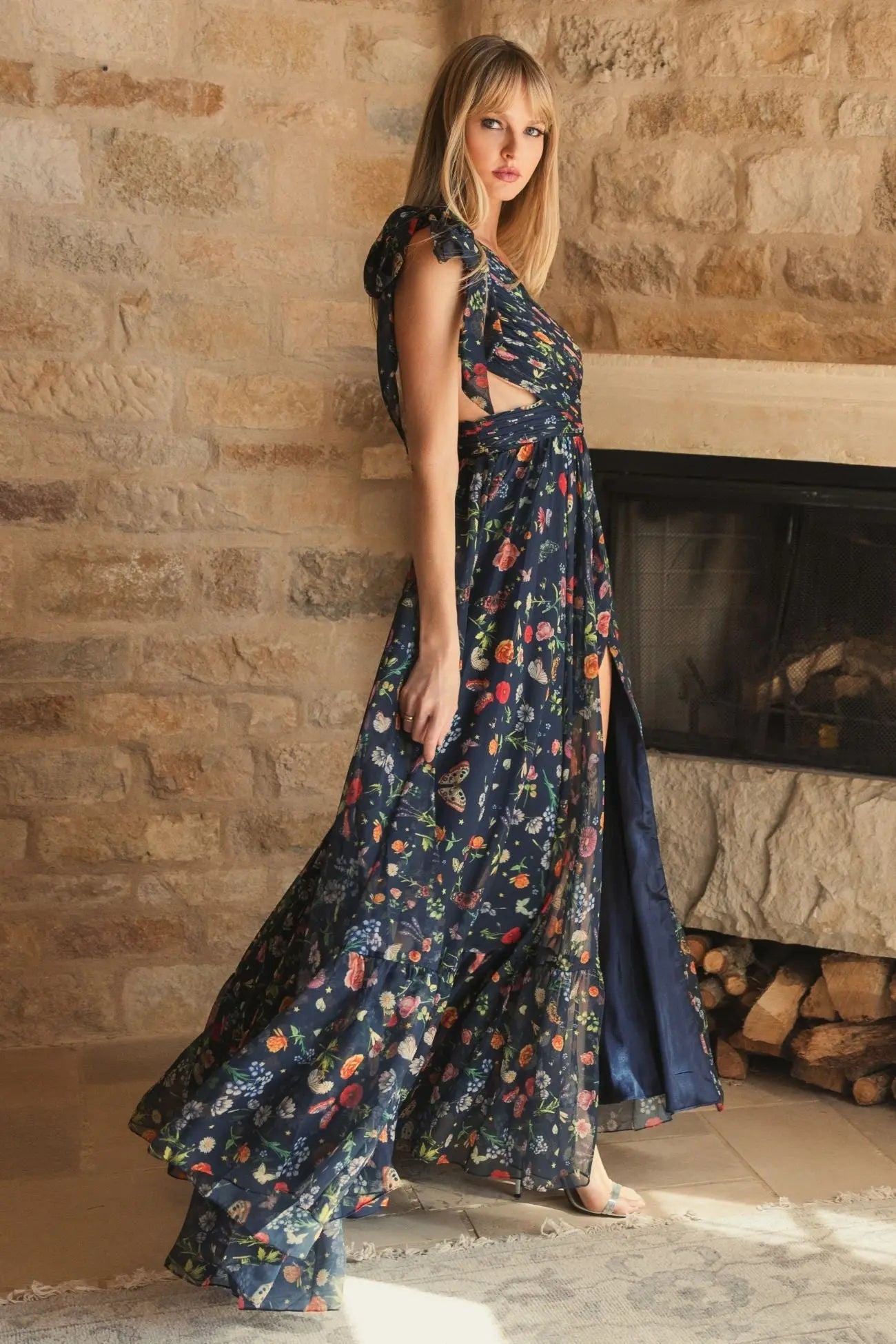 Navy Tied One Shoulder Cut-Out Flowy Gown - Image 6