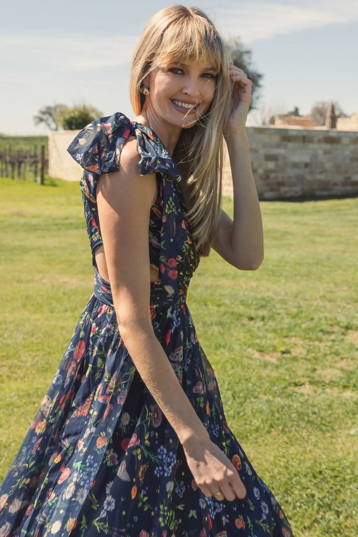 Navy Tied One Shoulder Cut-Out Flowy Gown - Image 5