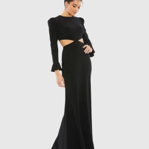 Long Sleeve Puff Shoulder Cut Out Gown