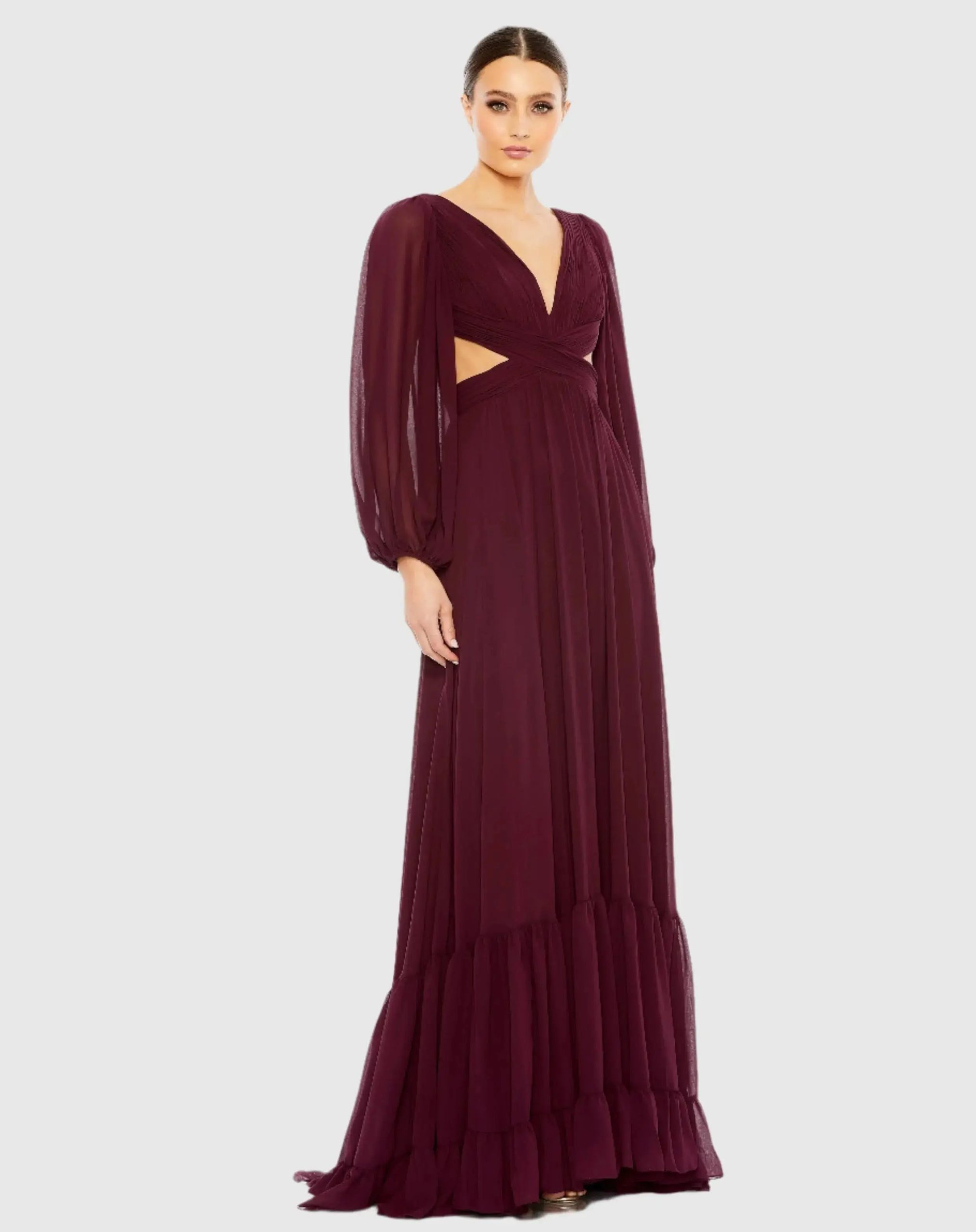 Pleated Cut Out Long Sleeve Lace Up Tiered Gown - Image 3