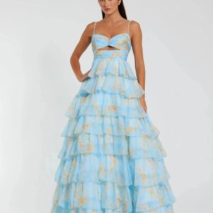 Blue Floral Cut Out Ruffle Tiered Gown