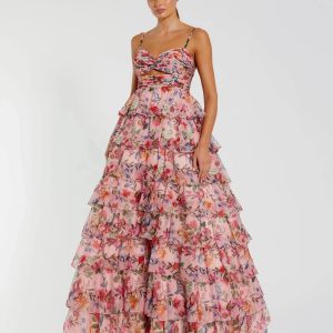 Pink Floral Cut Out Ruffle Tiered Gown