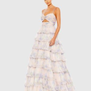 Purple Floral Cut Out Ruffle Layered Gown