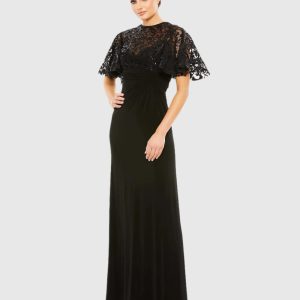 Black Embellished Butterfly Sleeve Gown