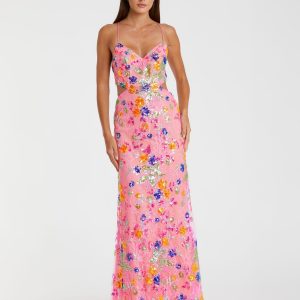 Pink Embellished Lace Strappy Column Gown
