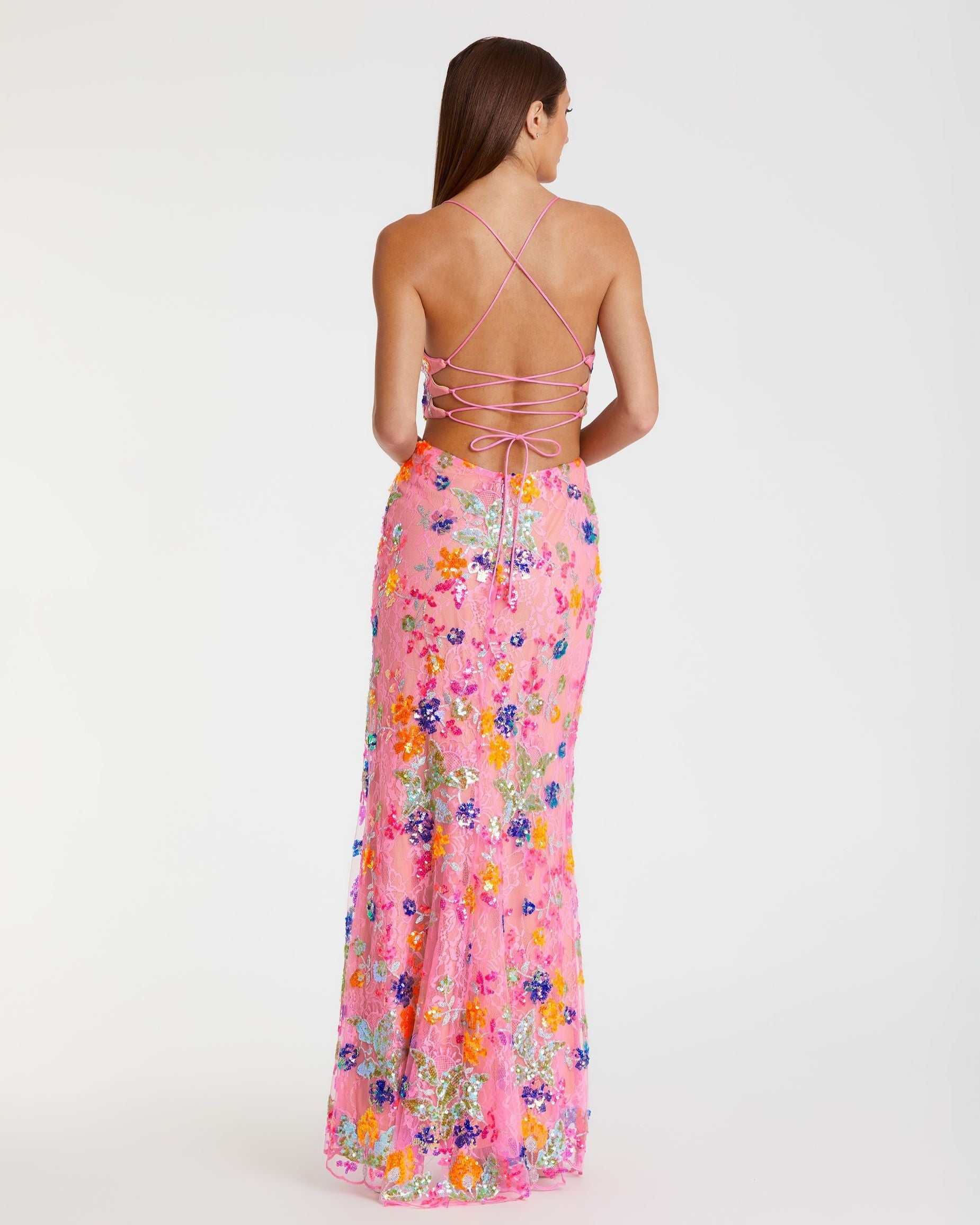 Pink Embellished Lace Strappy Column Gown - Image 2