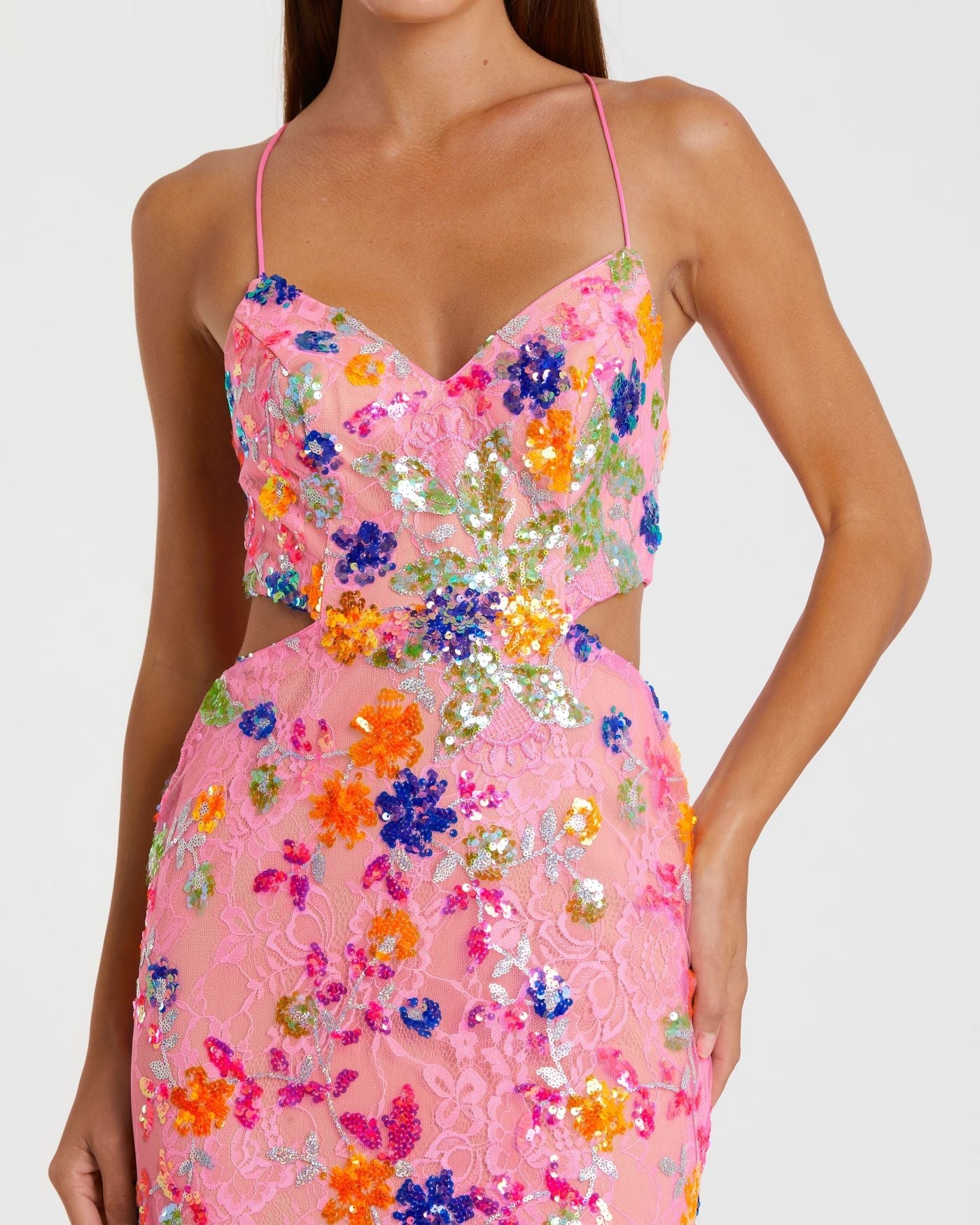 Pink Embellished Lace Strappy Column Gown - Image 3