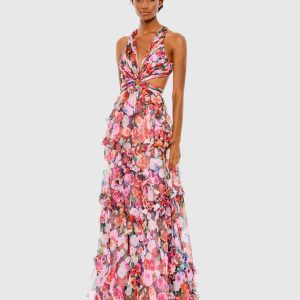 Multicolor Ruffled Cut Out Sleeveless Gown