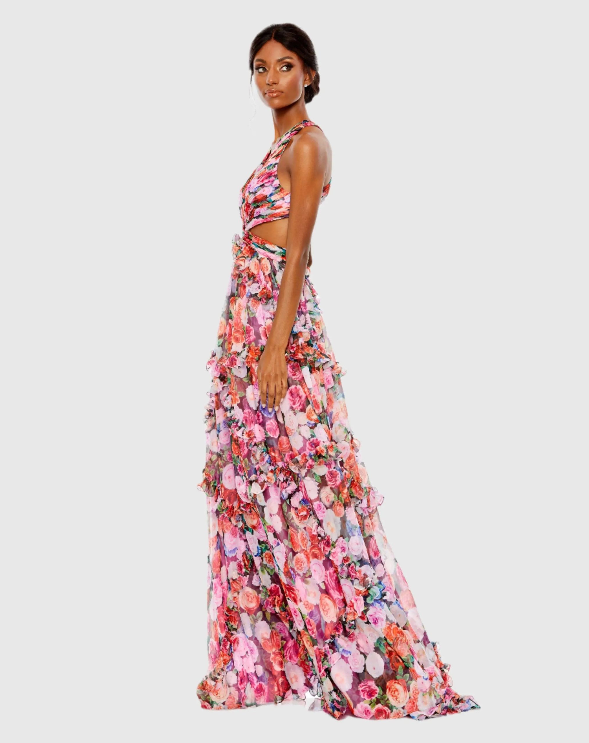 Multicolor Ruffled Cut Out Sleeveless Gown - Image 4